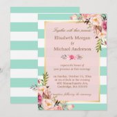 Invitation Mariage Célébration Rose Floral Mint Green Stripes (Devant / Derrière)