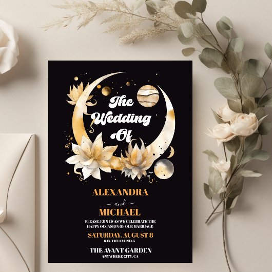 Invitation Mariage céleste à l'or noir mystique
