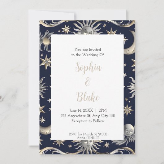 Invitation Mariage céleste abstrait moderne de soleil et d'ét (Devant)