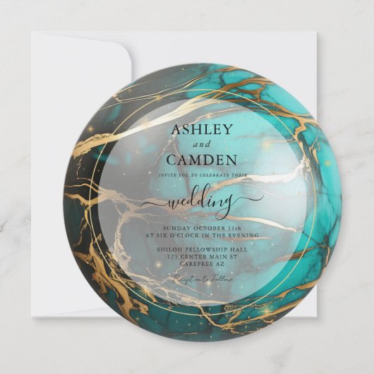 Invitation Mariage céleste abstrait sarcelle et or (Devant)