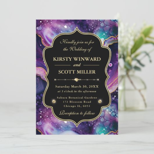 Invitation Mariage Céleste Agate Or et Accents Violets (Debout devant)