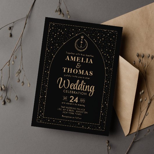 Invitation Mariage céleste Black & Gold Moon et Star Arch