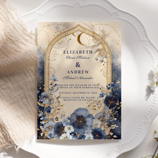 Invitation Mariage céleste bleu de minuit et or