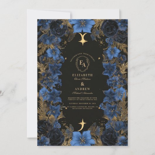Invitation Mariage céleste bleu et or de minuit (Devant)