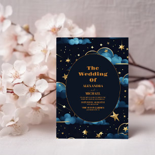 Invitation Mariage céleste bleu mystique de minuit or