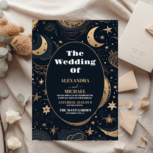 Invitation Mariage céleste bleu nuit or