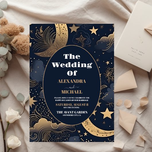 Invitation Mariage céleste bleu nuit or