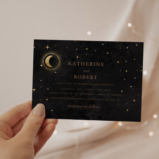 Invitation Mariage céleste de la lune de croissant noir de mi
