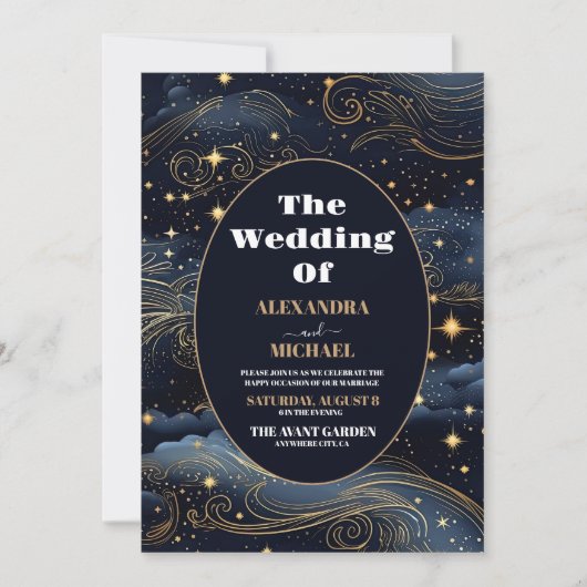 Invitation Mariage céleste de minuit bleu étoiles de lune (Devant)