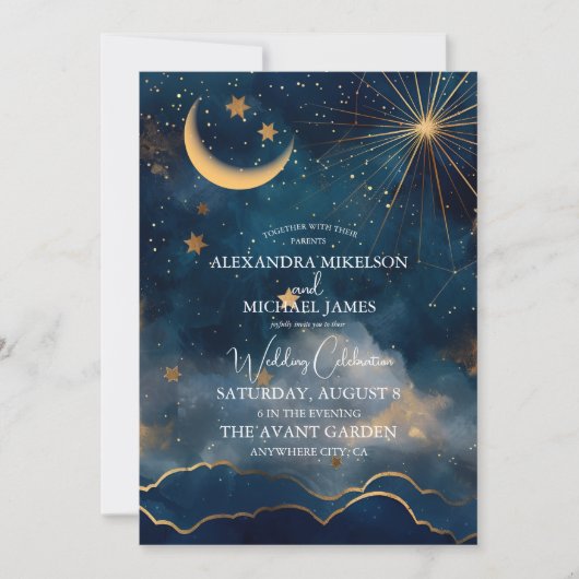 Invitation Mariage céleste de minuit bleu étoiles de lune (Devant)