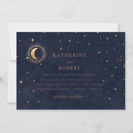 Invitation Mariage céleste de minuit bleu étoiles de lune (Devant)