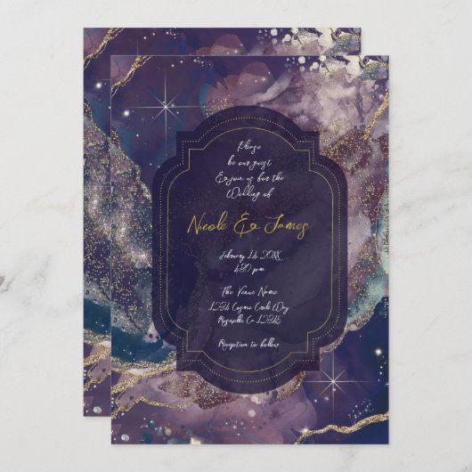 Invitation Mariage céleste d'or bleu Berry (Devant / Derrière)