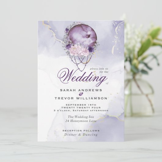 Invitation Mariage céleste ésotérique dusté pourpre (Debout devant)