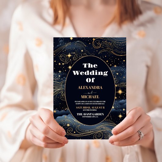 Invitation Mariage Céleste Étoiles Bleu Minuit Lune