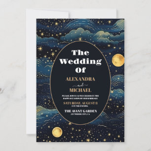 Invitation Mariage Céleste Étoiles Bleu Minuit Lune