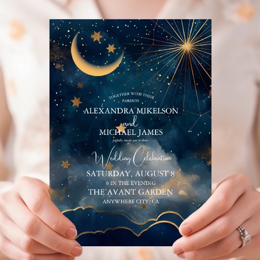 Invitation Mariage Céleste Étoiles Lune Bleu Minuit