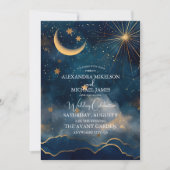 Invitation Mariage Céleste Étoiles Lune Bleu Minuit (Devant)