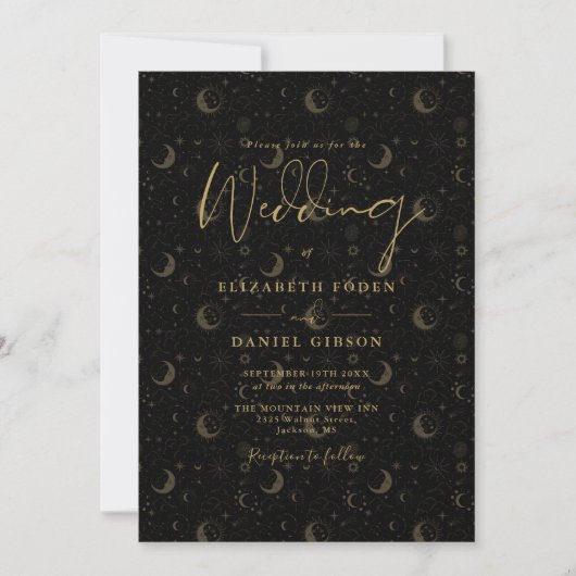 Invitation Mariage céleste étoiles lune écriture noir et or (Devant)