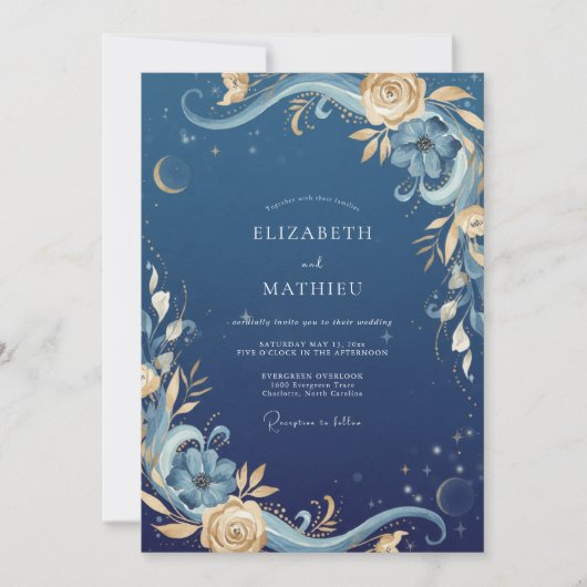 Invitation Mariage céleste Eucalyptus Or de minuit (Devant)