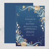 Invitation Mariage céleste Eucalyptus Or de minuit (Devant / Derrière)