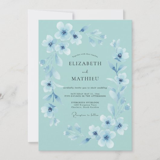 Invitation Mariage Céleste Fleurissant de Bleu Ciel (Devant)