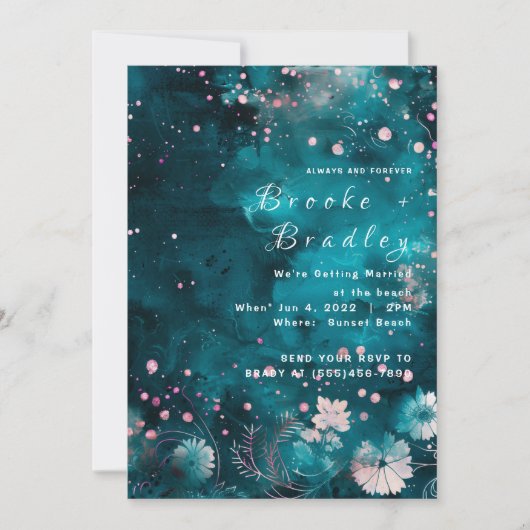 Invitation Mariage céleste floral aquarelle sarcelle (Devant)