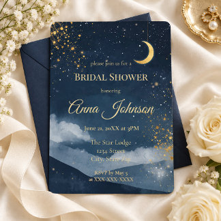 Invitation Mariage Céleste Lune et Étoiles Or Navy Réception