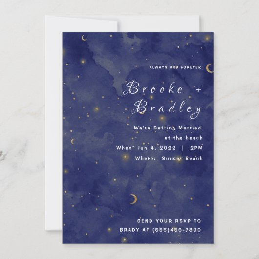 Invitation Mariage céleste Lune & Étoiles Bleu foncé (Devant)