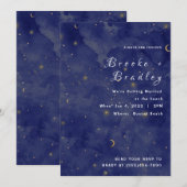 Invitation Mariage céleste Lune & Étoiles Bleu foncé (Devant / Derrière)