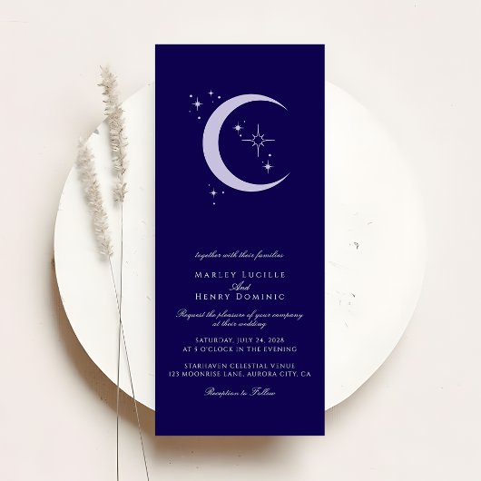Invitation Mariage céleste minimaliste Lune Étoiles Bleu mari