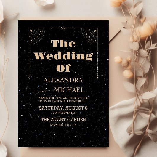 Invitation Mariage céleste mystique de la Lune d'or noir