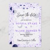 Invitation Mariage céleste noir et violet Enregistrer la date (Devant / Derrière)