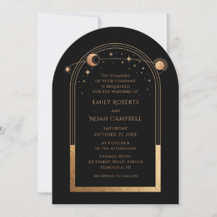 Invitation Mariage céleste noir or soleil lune étoiles