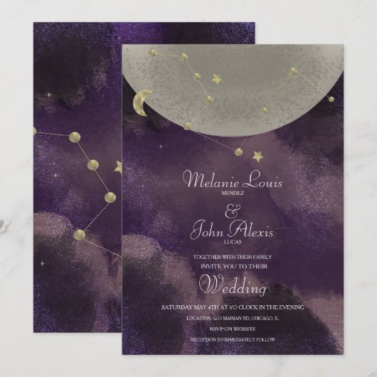 Invitation Mariage Céleste Or Pourpre Constellation Lunaire (Devant / Derrière)