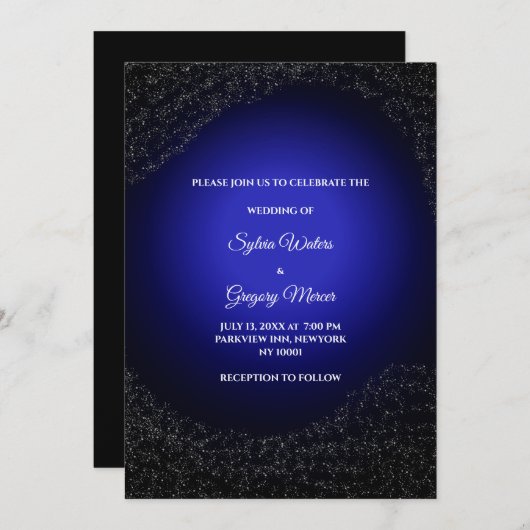 Invitation Mariage céleste Pleine lune et étoiles Bleu de min (Devant / Derrière)