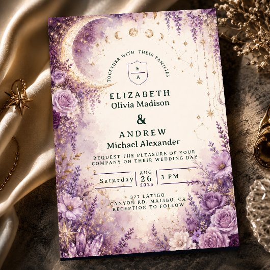 Invitation Mariage céleste pourpre enchanté