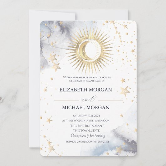 Invitation Mariage Céleste Soleil, Lune, Étoiles (Devant)