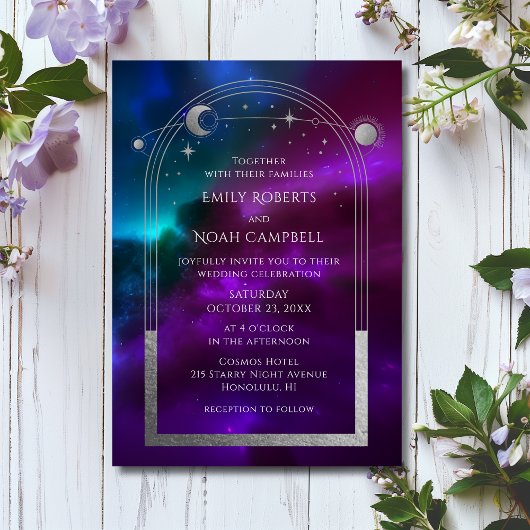 Invitation Mariage céleste Soleil Lune Étoiles Violet Turquoi
