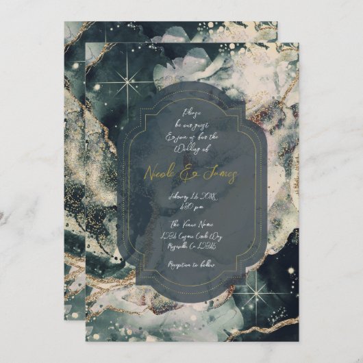 Invitation Mariage céleste turquoise vert crème aquarelle or (Devant / Derrière)