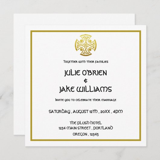Invitation Mariage celtique Faux Gold Celtic Knot Cross (Devant / Derrière)