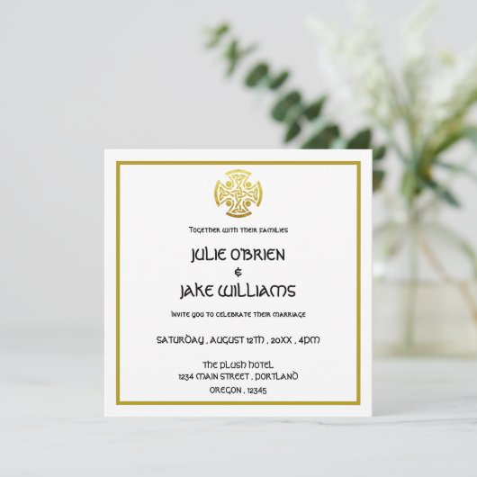 Invitation Mariage celtique Faux Gold Celtic Knot Cross (Debout devant)