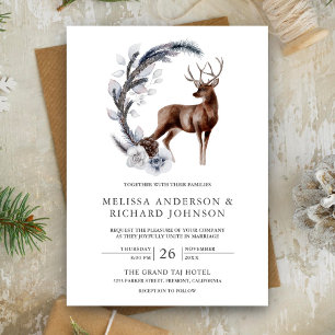 Invitation Mariage Cerf Forêt Feuilles de Pin Givrées Rustiqu