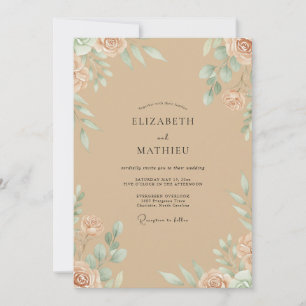 Invitation Mariage Champagne Abricot Feuillage Eucalyptus