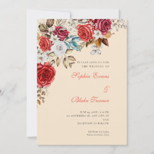 Invitation Mariage Champagne aux Roses Rouges et Blanches Élé