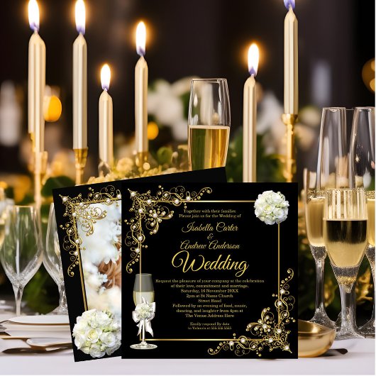 Invitation Mariage Champagne Black Gold Pearl Photo