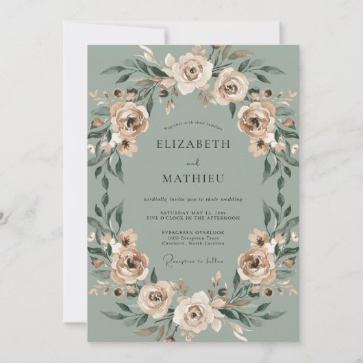 Invitation Mariage Champagne Céladon Feuillage Eucalyptus (Devant)