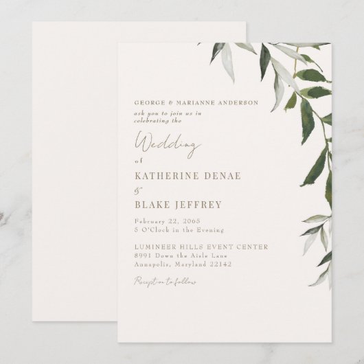 Invitation Mariage Champagne Clair Vert Doré Texte (Devant / Derrière)