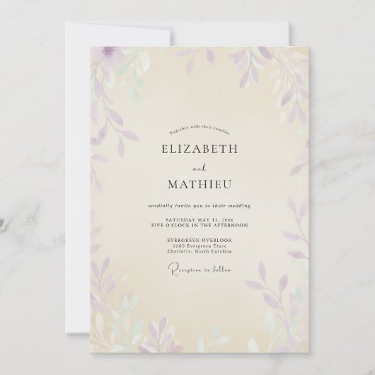 Invitation Mariage Champagne Eucalyptus Feuillage Violet (Devant)