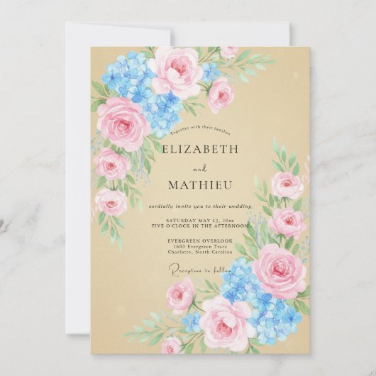 Invitation Mariage Champagne Eucalyptus Hydrangea Ciel (Devant)