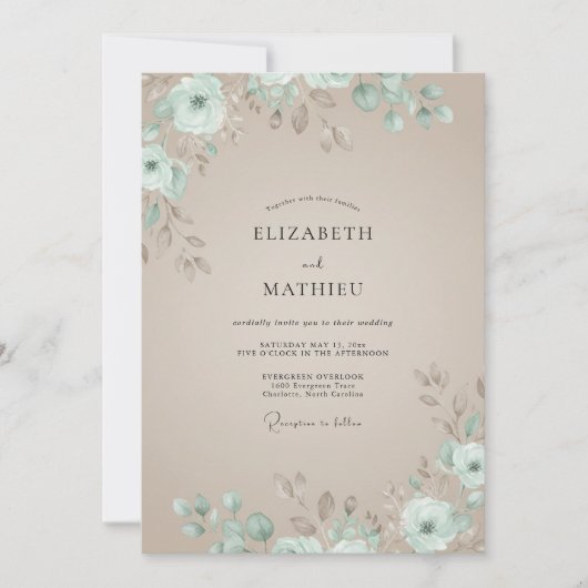 Invitation Mariage Champagne Feuillage Mousse de Mer Eucalypt (Devant)